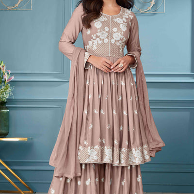 Brown Lucknowi Embroidered Rayon Palazzo Suit