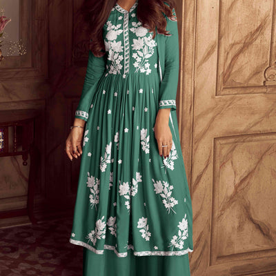 Mineral Green Lucknowi Embroidered Rayon Palazzo Suit
