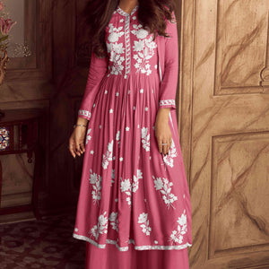 Dusty Pink Lucknowi Embroidered Rayon Palazzo Suit