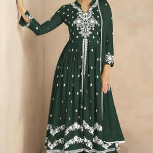 Dark Green Floral Embroidered Rayon Palazzo Suit