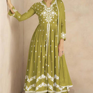 Light Green Floral Embroidered Rayon Palazzo Suit