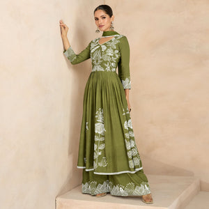 Mehendi Green Floral Embroidered Rayon Palazzo Suit