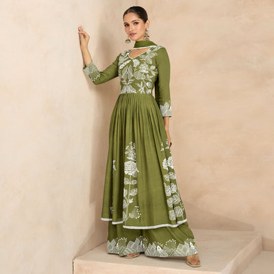 Mehendi Green Floral Embroidered Rayon Palazzo Suit
