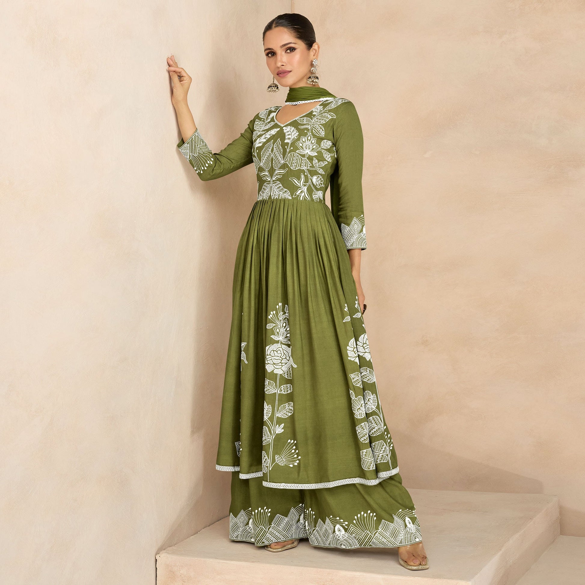 Mehendi Green Floral Embroidered Rayon Palazzo Suit