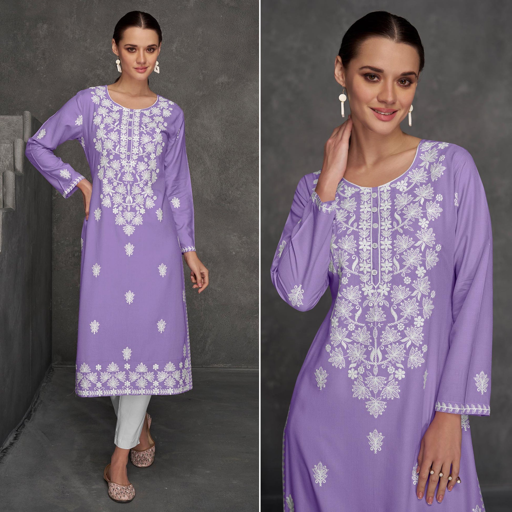 Lavender Floral Embroidered Rayon Straight Kurti