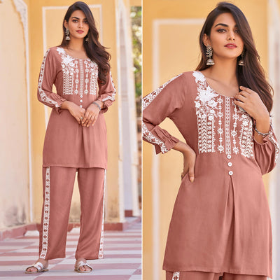 Light Rust Floral Embroidered Rayon Co Ord Set