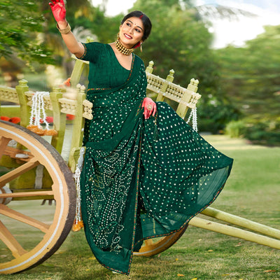 Bottle Green Bandhani Printed Georgette Saree