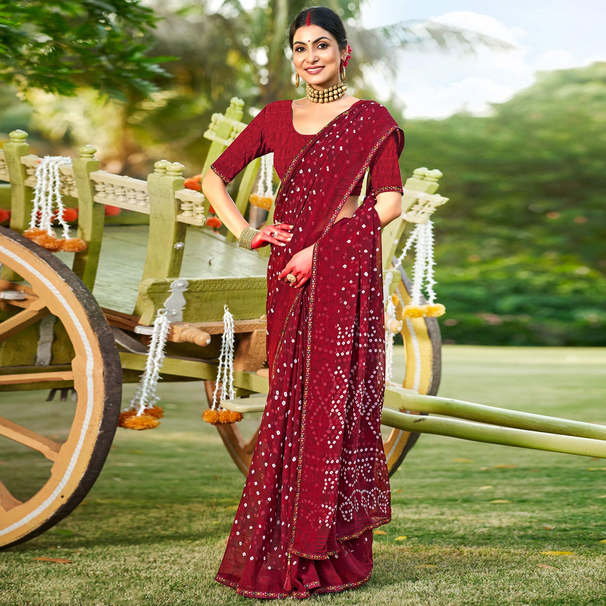 Maroon Bandhani Printed Georgette Saree