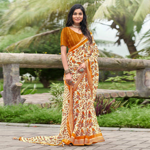 Cream & Brown Floral Printed Chiffon Saree