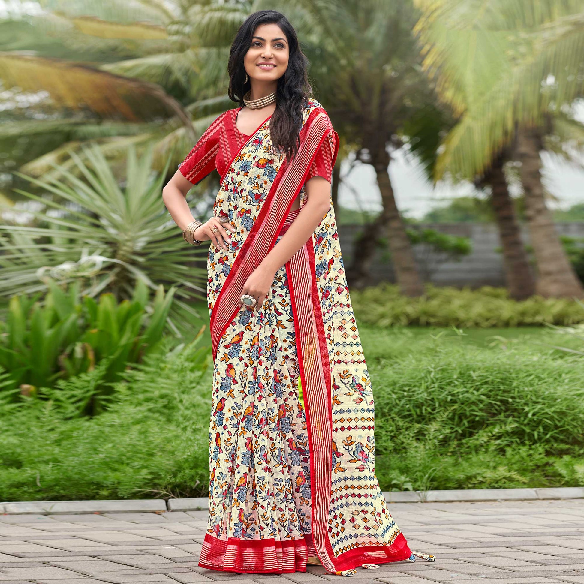 Cream & Red Floral Printed Chiffon Saree