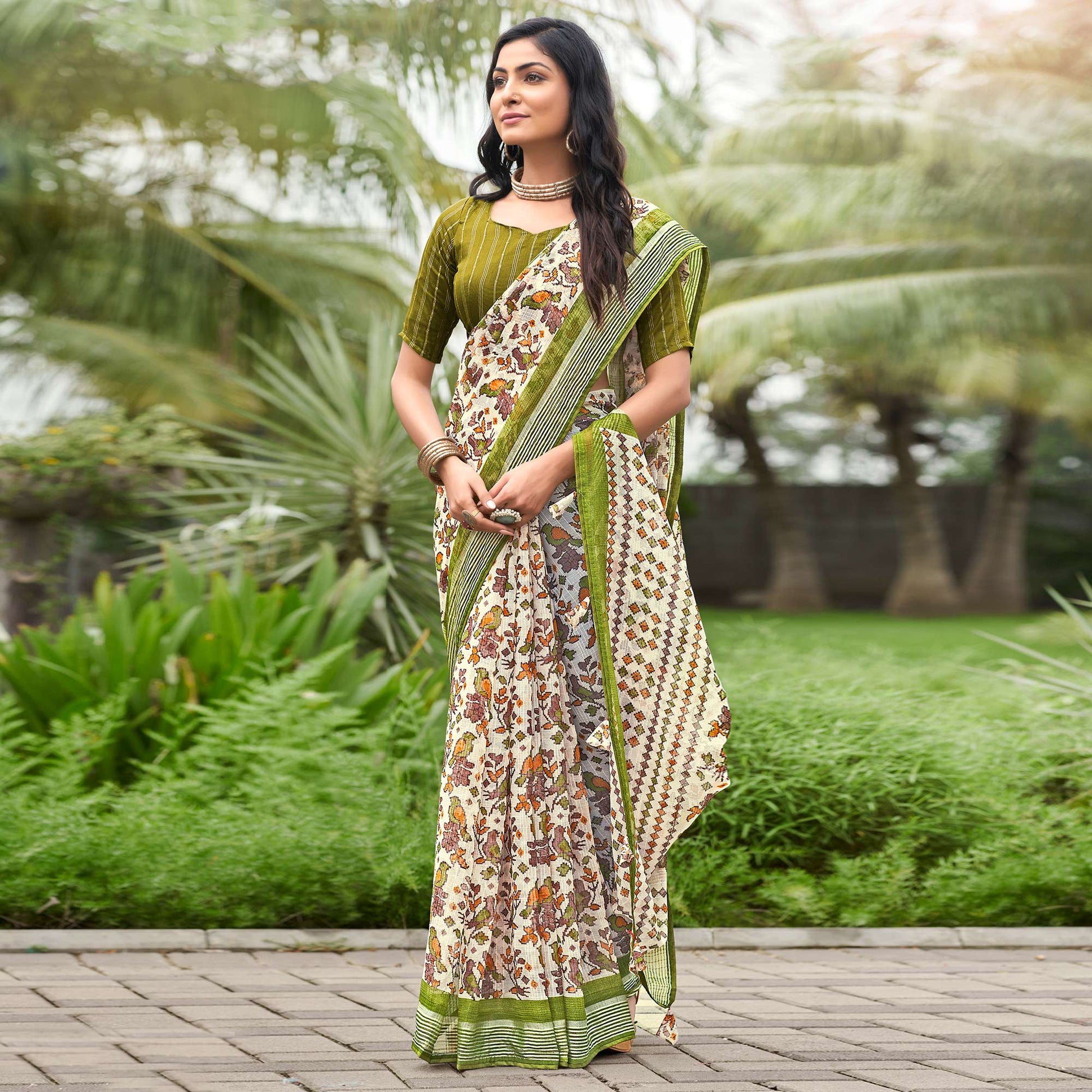 Cream & Green Floral Printed Chiffon Saree