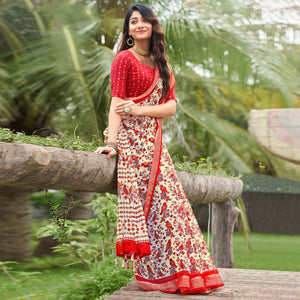 Cream & Dark Red Floral Printed Chiffon Saree