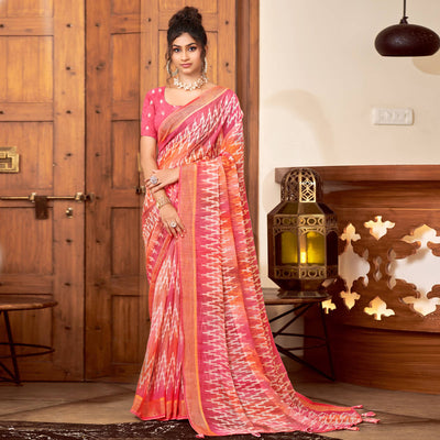 Gajri Pink Ikkat Printed Chiffon Saree