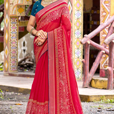 Cherry Red Bandhani Printed Shimmer Chiffon Saree