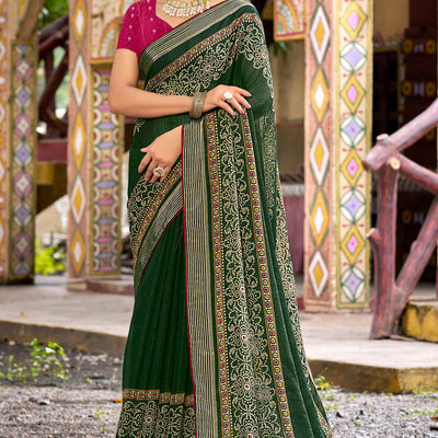 Bottle Green Bandhani Printed Shimmer Chiffon Saree