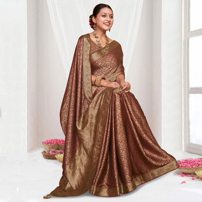 Brown Floral Zari Work Pure Silk Saree With Tassels