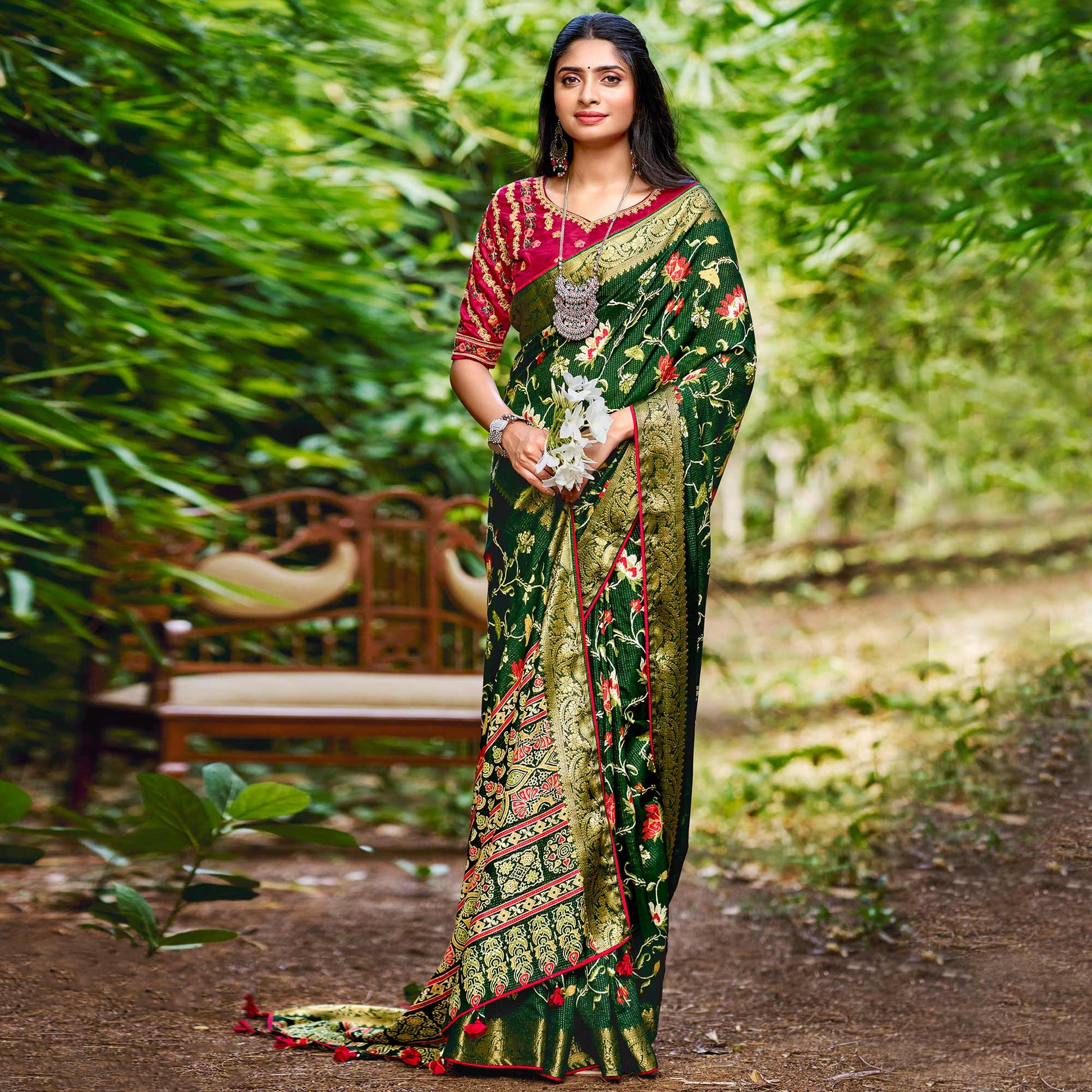 green-floral-woven-dola-silk-saree-with-tassels