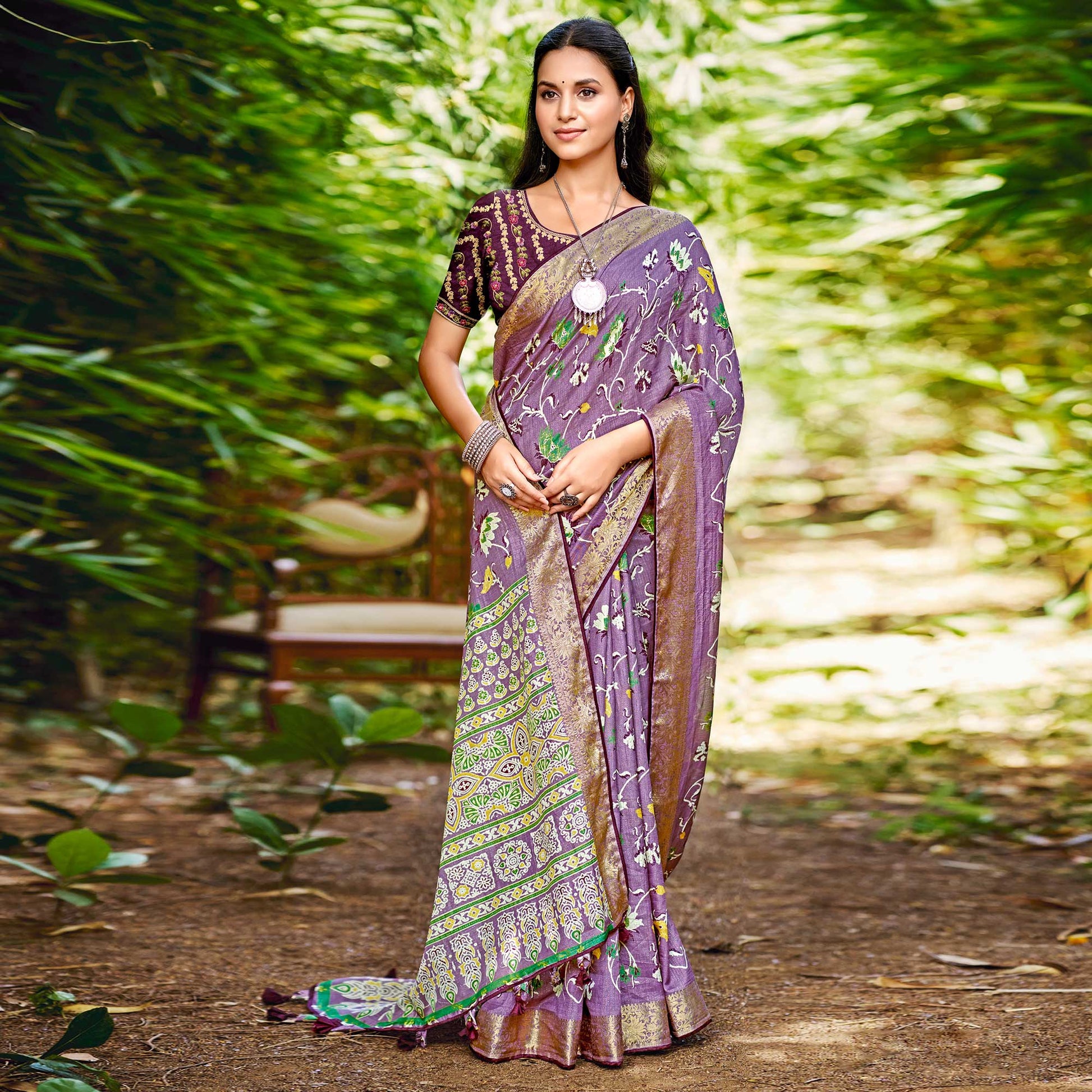 Lavender Floral Woven Dola Silk Saree With Tassels