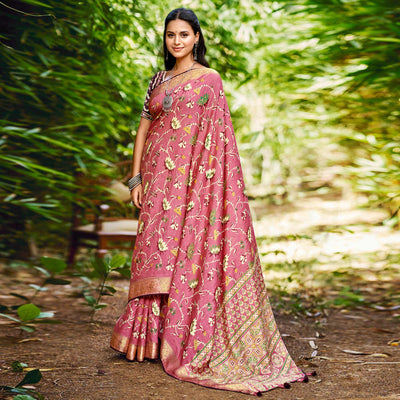 Dusty Pink Floral Woven Dola Silk Saree With Tassels