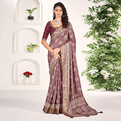 Mauve Floral Printed Dola Silk Saree