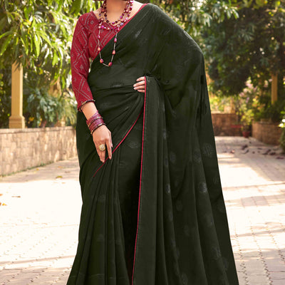 Bottle Green Woven Georgette Saree With Tassels
