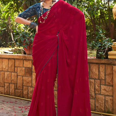 Cherry Red Woven Georgette Saree With Tassels