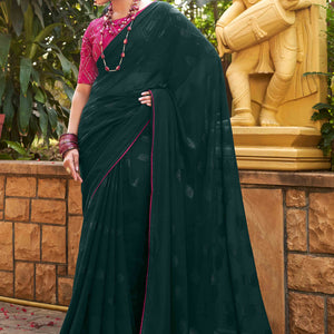 Deep Sea Green Woven Georgette Saree With Tassels