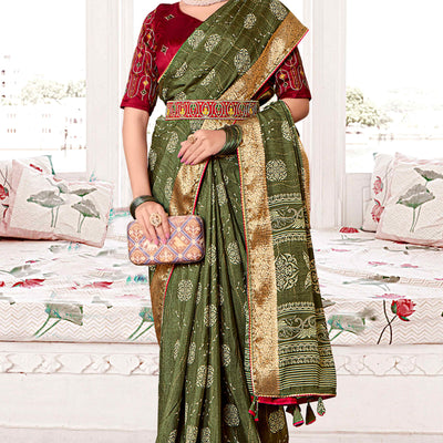 Mehendi Green Floral Printed Muslin Saree With Woven Border