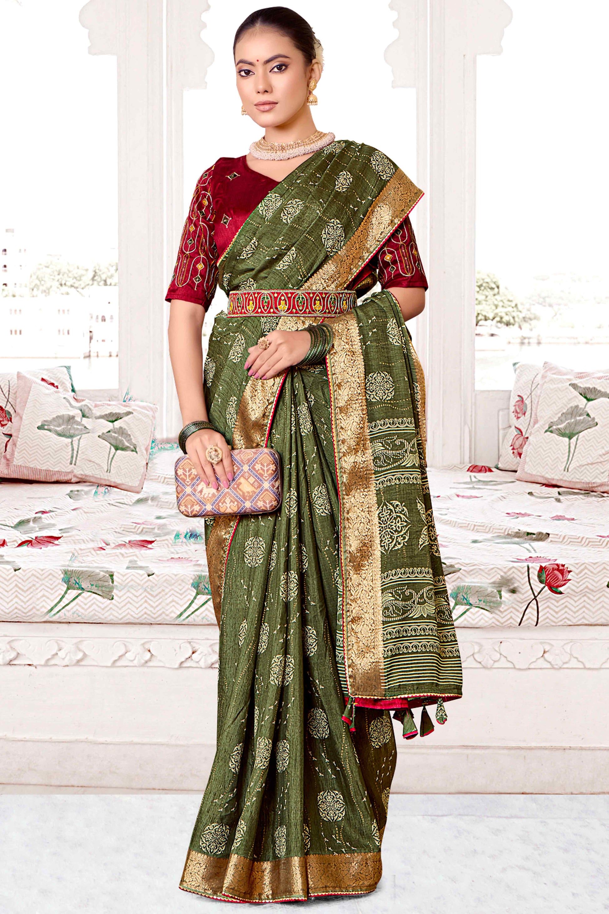 Mehendi Green Floral Printed Muslin Saree With Woven Border