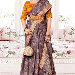 Light Mauve Floral Printed Muslin Saree With Woven Border