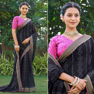 Dark Navy Blue Printed Chiffon Saree