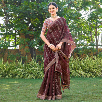 Coffee Brown Printed Chiffon Saree