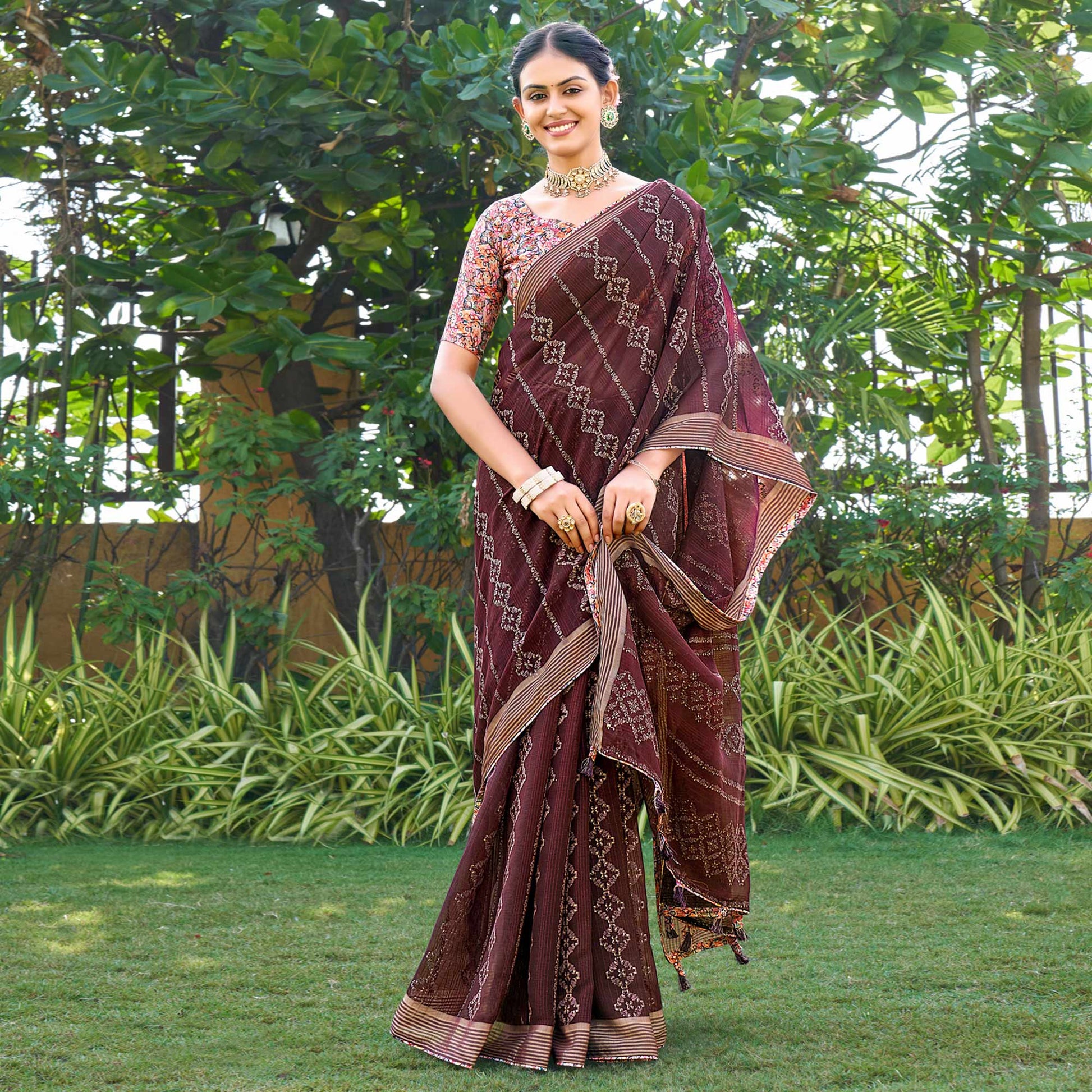 Coffee Brown Printed Chiffon Saree
