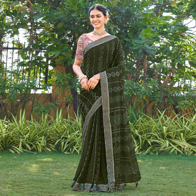 Mehandi Green Printed Chiffon Saree