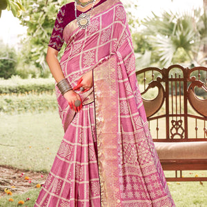 Light Pink Bandhani Printed Dola Silk Saree With Jacquard Border