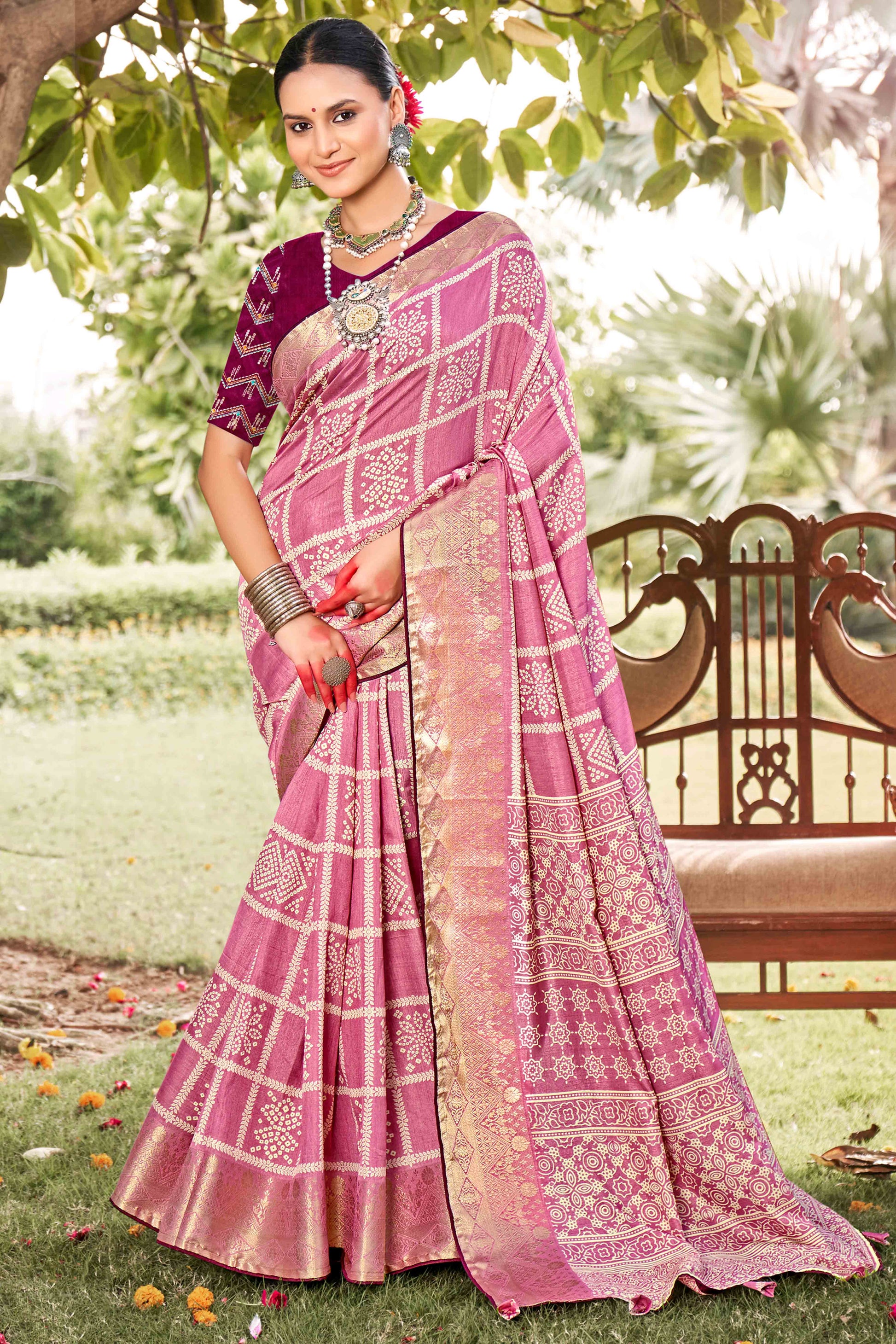 Light Pink Bandhani Printed Dola Silk Saree With Jacquard Border
