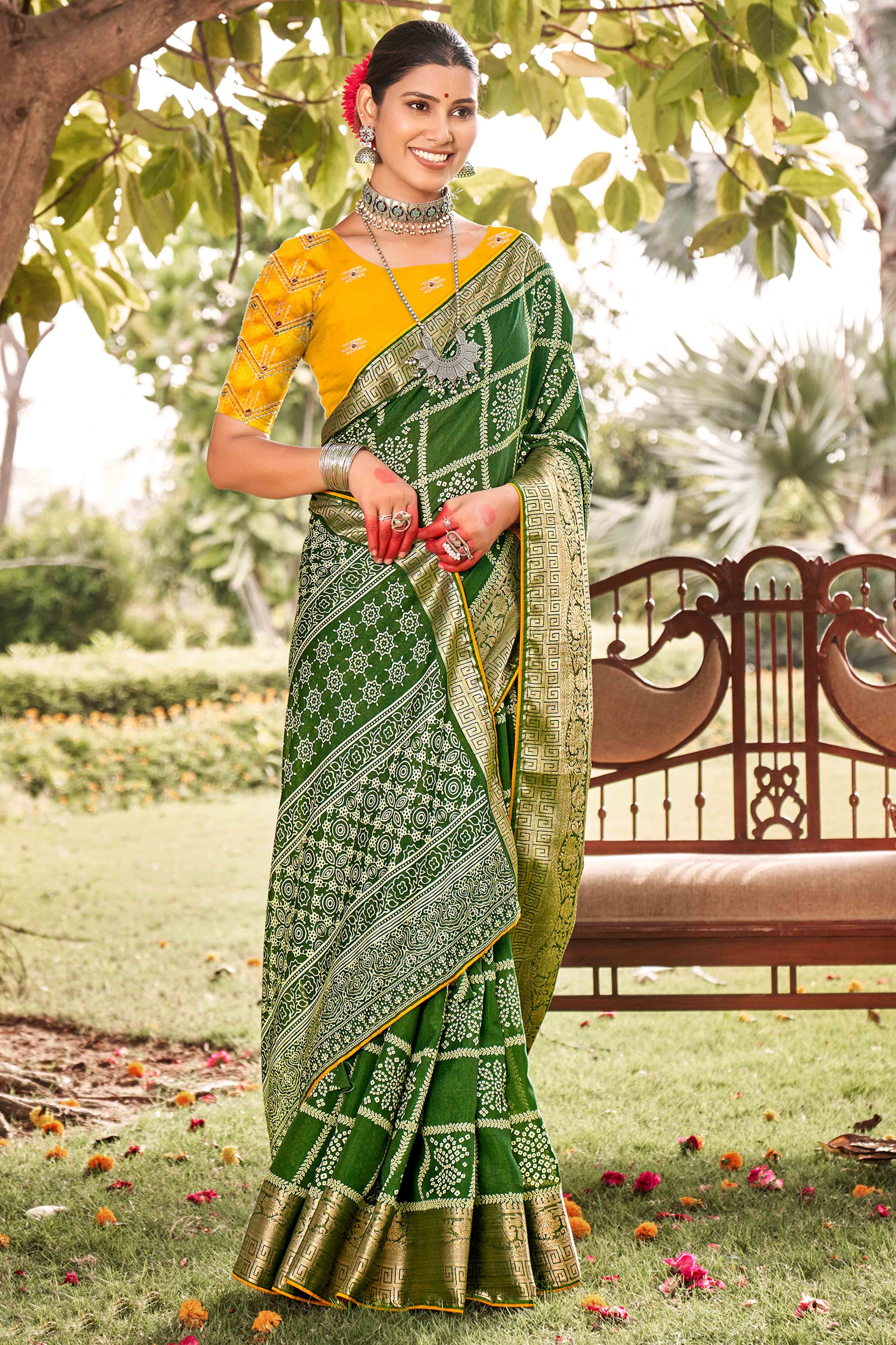 green-bandhani-printed-dola-silk-saree-with-jacquard-border