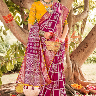 Magenta Bandhani Printed Dola Silk Saree With Jacquard Border
