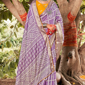 Lavender Bandhani Printed Dola Silk Saree With Jacquard Border
