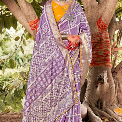 Lavender Bandhani Printed Dola Silk Saree With Jacquard Border