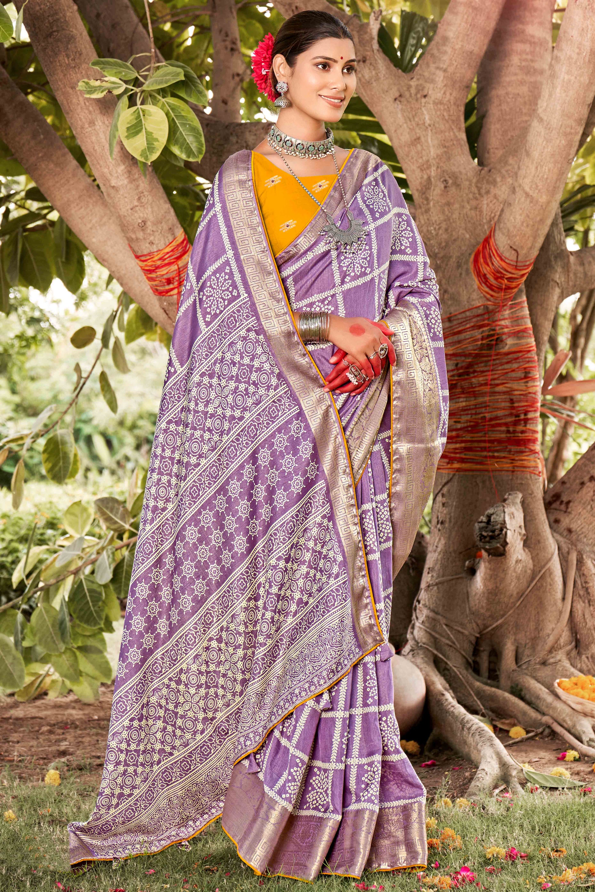 Lavender Bandhani Printed Dola Silk Saree With Jacquard Border