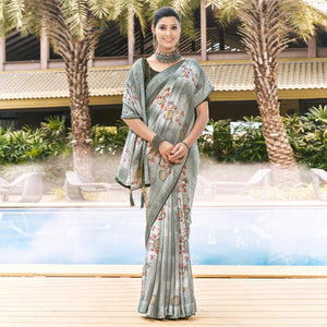 Grey Printed Georgette Saree With Swarovski Work