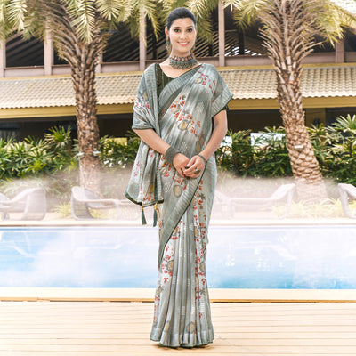 Grey Printed Georgette Saree With Swarovski Work