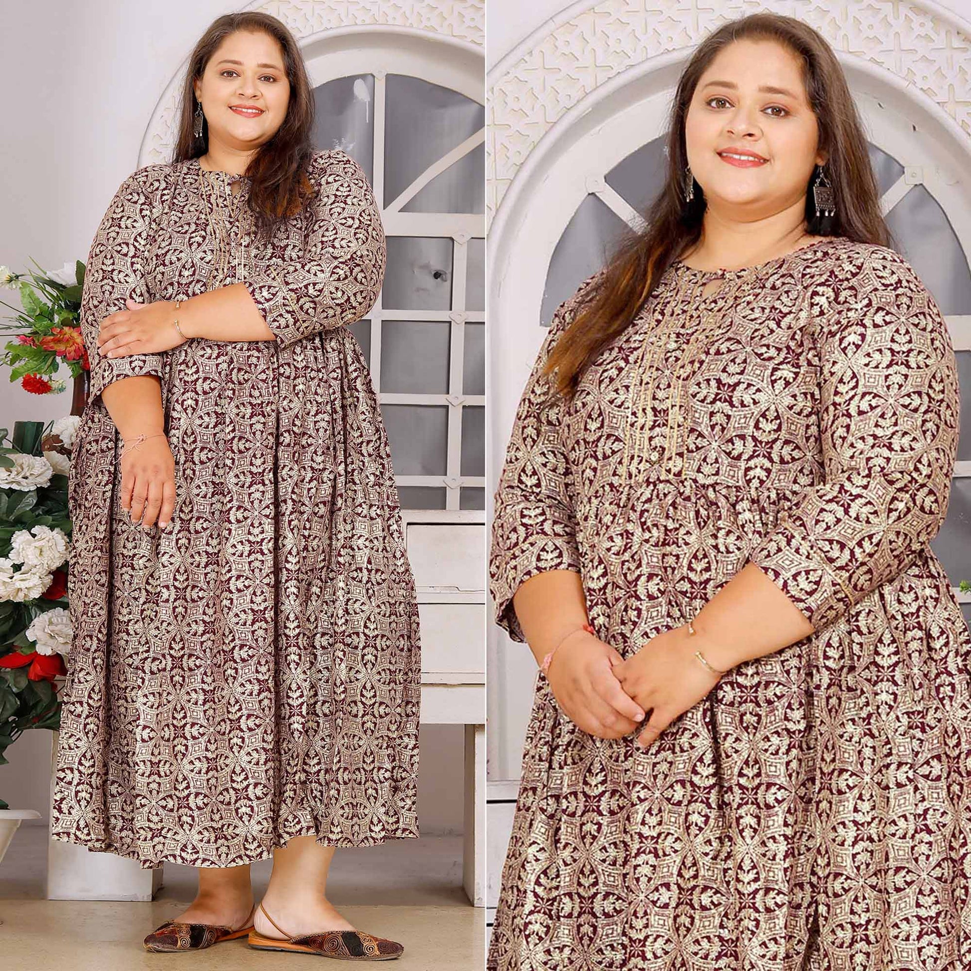 Maroon Floral Printed Rayon Long Kurti