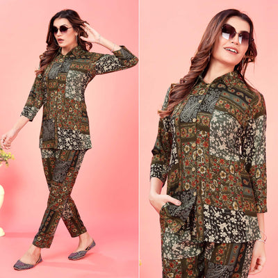 Brown Floral Printed Rayon Co Ord Set