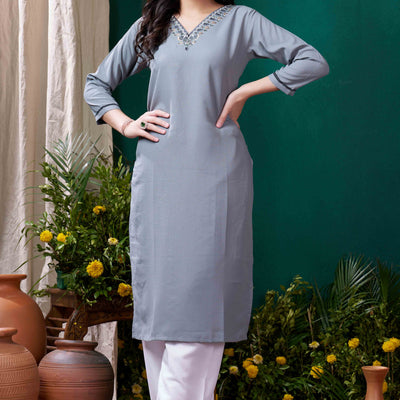 Grey Yoke Embroidered Pure Cotton Straight Kurti