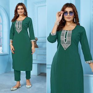 green-sequins-embroidered-cotton-blend-kurti-pant-set