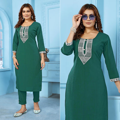 green-sequins-embroidered-cotton-blend-kurti-pant-set