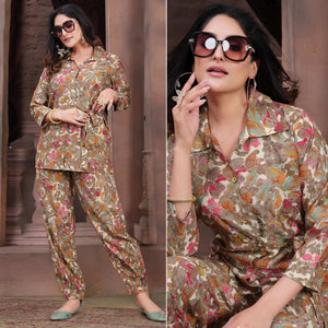 Brown Floral Printed Chanderi Co Ord Set