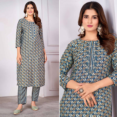 Morpich Blue Foil Printed Viscose Straight Kurti Sets